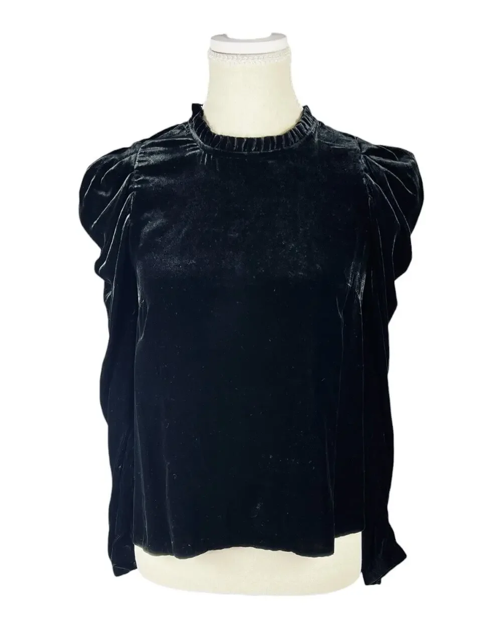 Ulla Johnson Gilles Noir Black Silk Blend Velvet Ruffle Puff Sleeve Blouse Sz 2